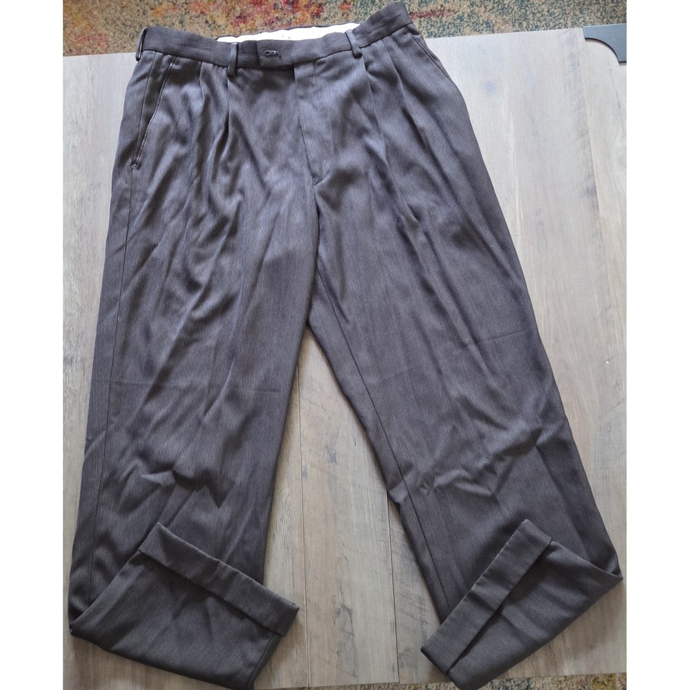 Louis Raphael Tailored Brown Striped Trouser Cuffed Dress Pants Men Sz 32x30